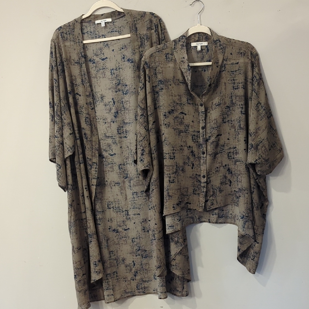 Sympli 2 Piece Set Blouse & Kimono Cardigan size‎ 16 Gray Navy Abstract Flowy